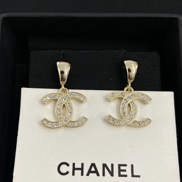 Chanel Crystal-Embellished CC Dangling Earrings Auth - Picture 1 of 5